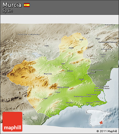 Physical 3D Map of Murcia, semi-desaturated