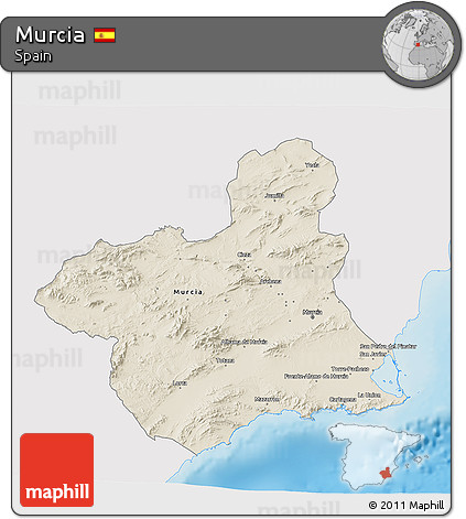 Shaded Relief 3D Map of Murcia, single color outside