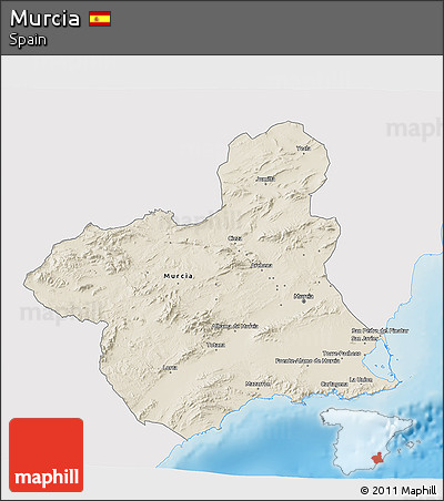 Shaded Relief 3D Map of Murcia, single color outside
