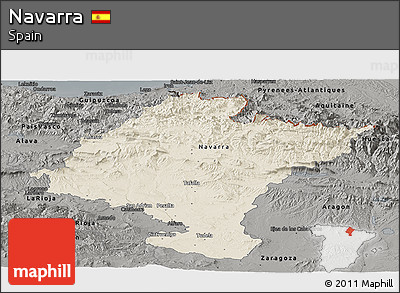 Shaded Relief Panoramic Map of Navarra, darken, semi-desaturated