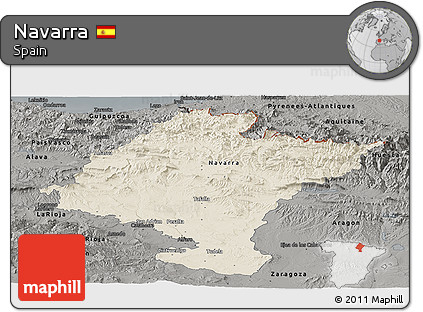 Shaded Relief Panoramic Map of Navarra, darken, semi-desaturated