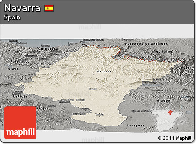 Shaded Relief Panoramic Map of Navarra, darken, semi-desaturated