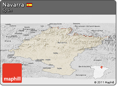Shaded Relief Panoramic Map of Navarra, desaturated