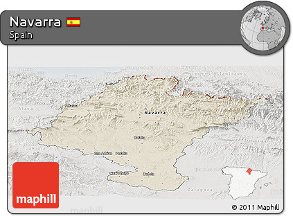 Shaded Relief Panoramic Map of Navarra, lighten, semi-desaturated