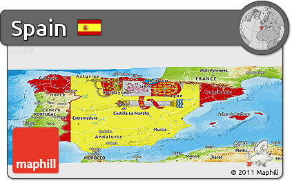 Flag Panoramic Map of Spain, physical outside, bathymetry sea, flag aligned to the middle