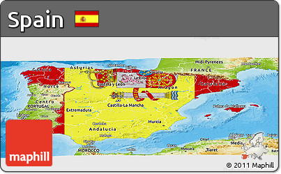 Flag Panoramic Map of Spain, physical outside, bathymetry sea, flag aligned to the middle