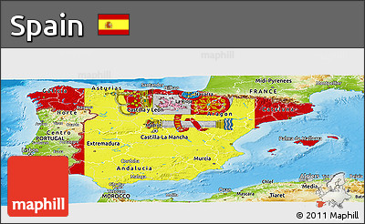 Flag Panoramic Map of Spain, physical outside, flag aligned to the middle