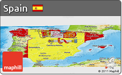 Flag Panoramic Map of Spain, physical outside, flag aligned to the middle