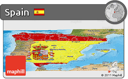 Flag Panoramic Map of Spain, satellite outside, bathymetry sea, flag centered