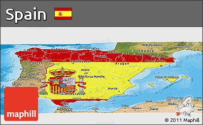 Flag Panoramic Map of Spain, satellite outside, bathymetry sea, flag centered