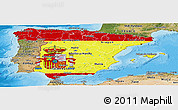 Flag Panoramic Map of Spain, satellite outside, bathymetry sea, flag centered