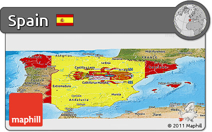 Flag Panoramic Map of Spain, satellite outside, bathymetry sea, flag rotated