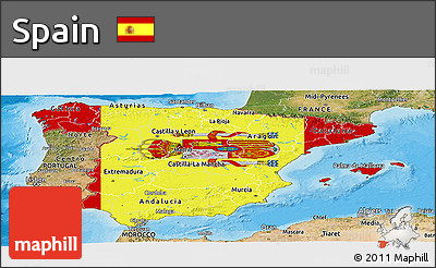 Flag Panoramic Map of Spain, satellite outside, bathymetry sea, flag rotated