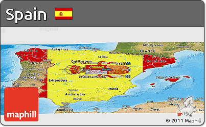 Flag Panoramic Map of Spain, satellite outside, bathymetry sea, flag rotated