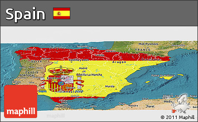 Flag Panoramic Map of Spain, satellite outside, flag centered