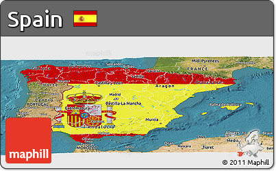 Flag Panoramic Map of Spain, satellite outside, flag centered