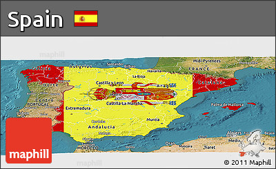 Flag Panoramic Map of Spain, satellite outside, flag rotated