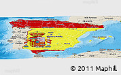 Flag Panoramic Map of Spain, shaded relief outside, bathymetry sea, flag centered