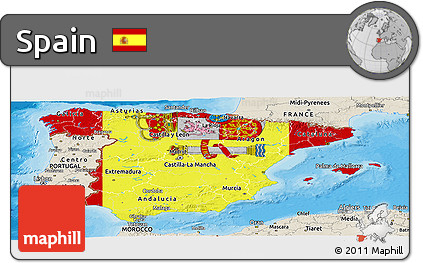 Flag Panoramic Map of Spain, shaded relief outside, bathymetry sea, flag aligned to the middle