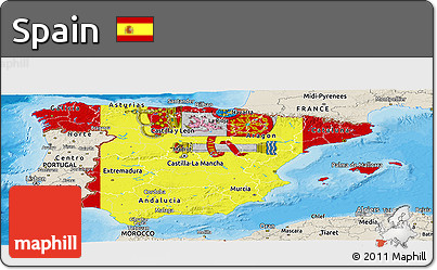 Flag Panoramic Map of Spain, shaded relief outside, bathymetry sea, flag aligned to the middle