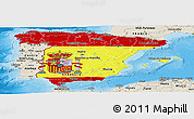Flag Panoramic Map of Spain, shaded relief outside, bathymetry sea