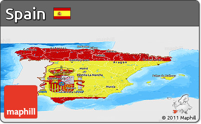 Flag Panoramic Map of Spain, single color outside, bathymetry sea, flag centered