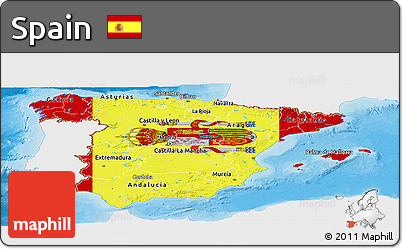 Flag Panoramic Map of Spain, single color outside, bathymetry sea, shaded relief sea, flag rotated