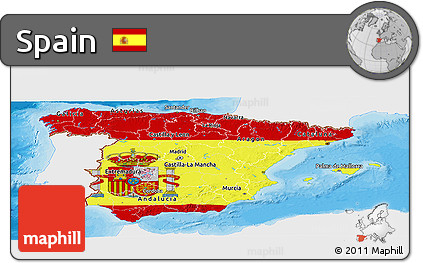 Flag Panoramic Map of Spain, single color outside, bathymetry sea, shaded relief sea