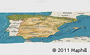 Satellite Panoramic Map of Spain, shaded relief outside, satellite sea