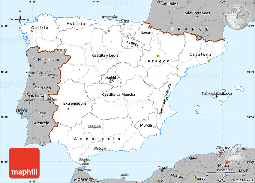 Simple Map Of Spain Gray Simple Map Of Spain