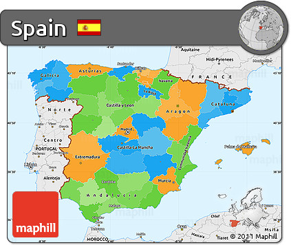 Political Simple Map of Spain, single color outside, borders and labels