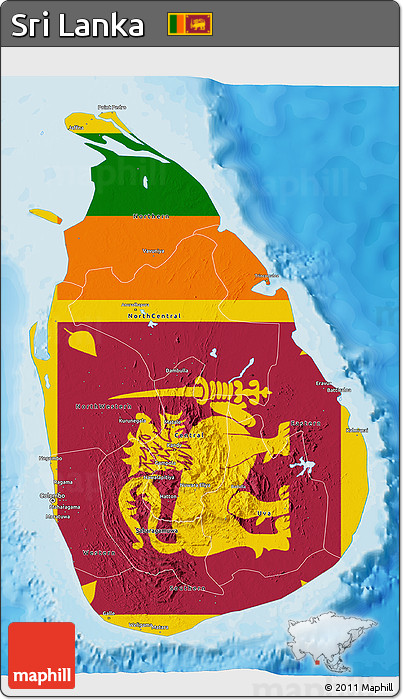 Flag 3D Map of Sri Lanka, political outside, flag rotated