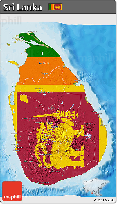 Flag 3D Map of Sri Lanka, satellite outside, bathymetry sea, flag aligned to the middle