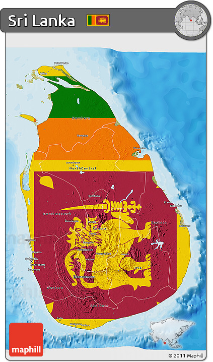 Flag 3D Map of Sri Lanka, satellite outside, bathymetry sea, flag rotated