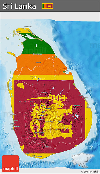 Flag 3D Map of Sri Lanka, satellite outside, bathymetry sea, flag rotated