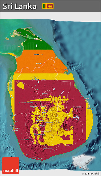 Flag 3D Map of Sri Lanka, satellite outside, flag aligned to the middle