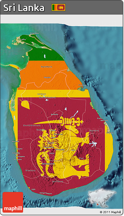 Flag 3D Map of Sri Lanka, satellite outside, flag aligned to the middle
