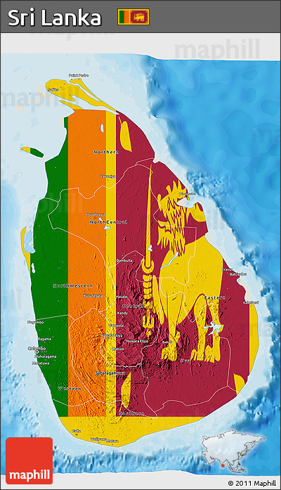 Flag 3D Map of Sri Lanka, shaded relief outside, bathymetry sea
