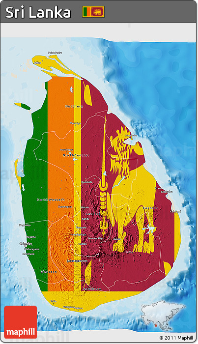 Flag 3D Map of Sri Lanka, shaded relief outside, bathymetry sea