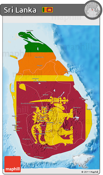 Flag 3D Map of Sri Lanka, shaded relief outside, flag aligned to the middle