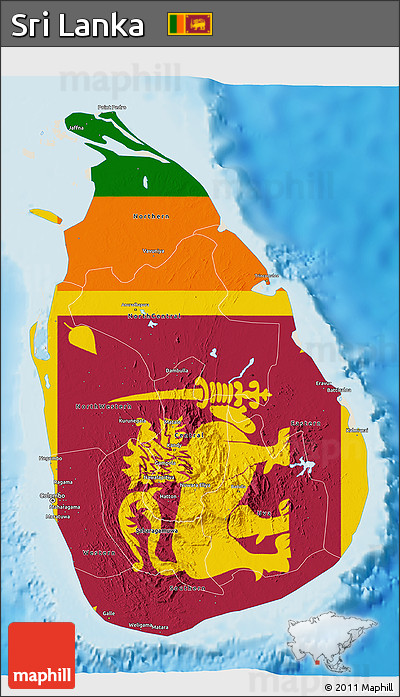 Flag 3D Map of Sri Lanka, shaded relief outside, flag aligned to the middle