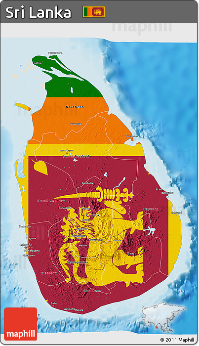 Flag 3D Map of Sri Lanka, shaded relief outside, flag aligned to the middle