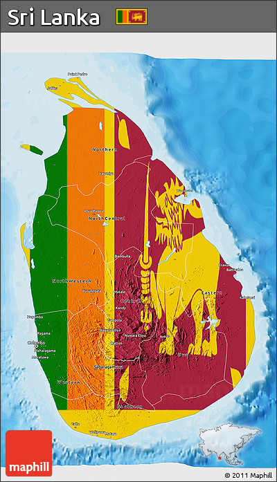 Flag 3D Map of Sri Lanka, single color outside, bathymetry sea, shaded relief sea