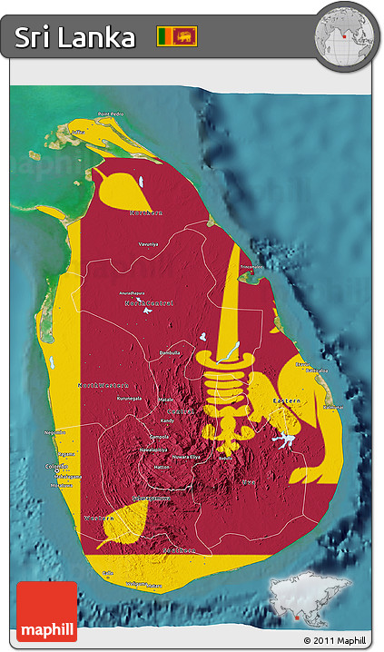 Flag 3D Map of Sri Lanka, single color outside, satellite sea, flag centered