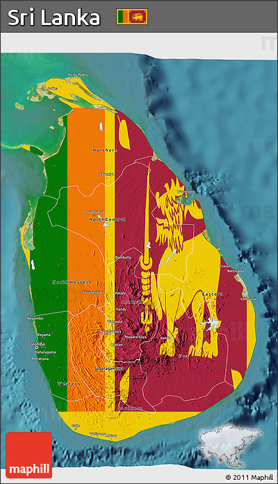 Flag 3D Map of Sri Lanka, single color outside, satellite sea