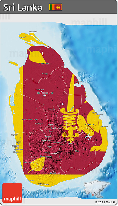 Flag 3D Map of Sri Lanka, single color outside, shaded relief sea, flag centered