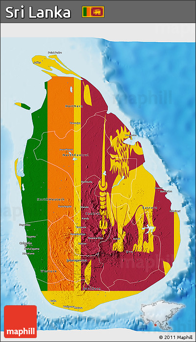 Flag 3D Map of Sri Lanka, single color outside, shaded relief sea