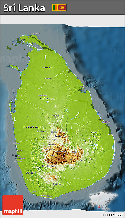 Physical 3D Map of Sri Lanka, darken
