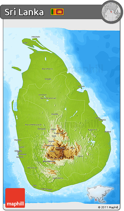 Physical 3D Map of Sri Lanka, single color outside, bathymetry sea