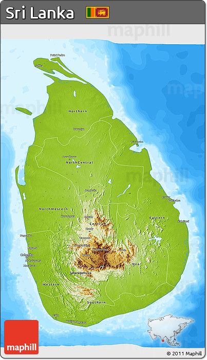 Physical 3D Map of Sri Lanka, single color outside, bathymetry sea